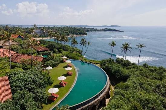 Infinity pool above the ocean, lined with palms